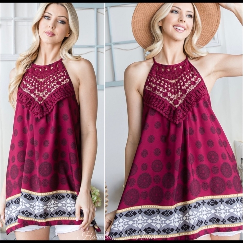 NWT! Sale ! Burgundy Crocheted Pattern Print Keyhole Back Top